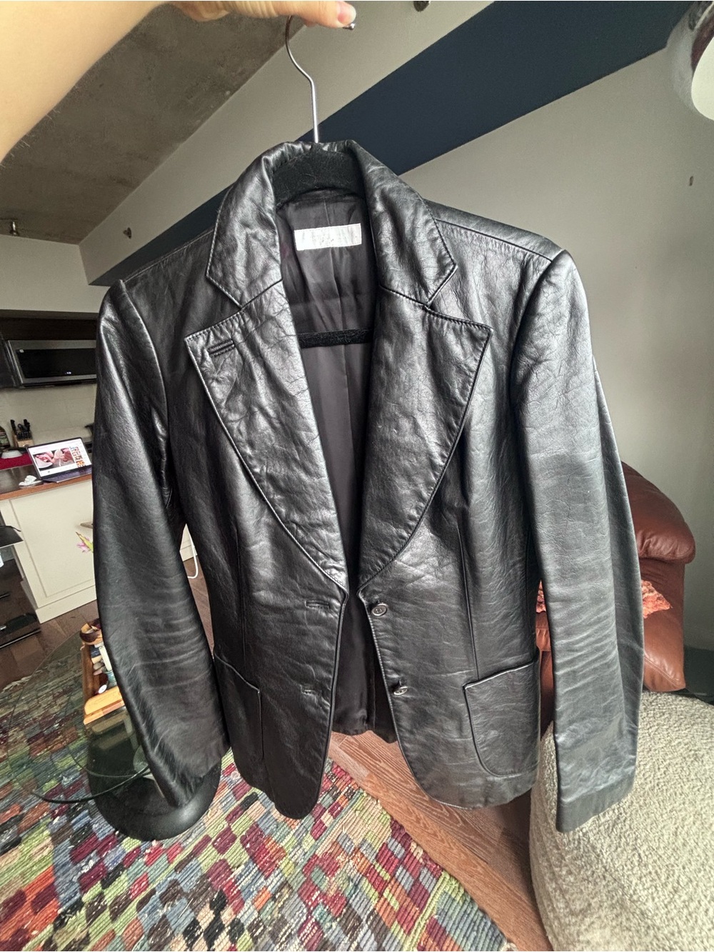 NICOLE FARHI Black Leather Blazer